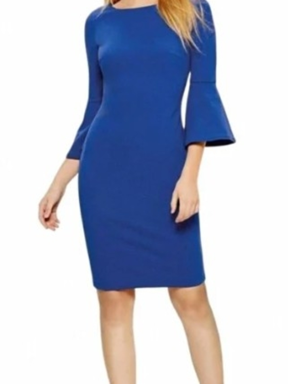 Calvin Klein Royal Blue Midi Sheath Dress with Bell Sleeves